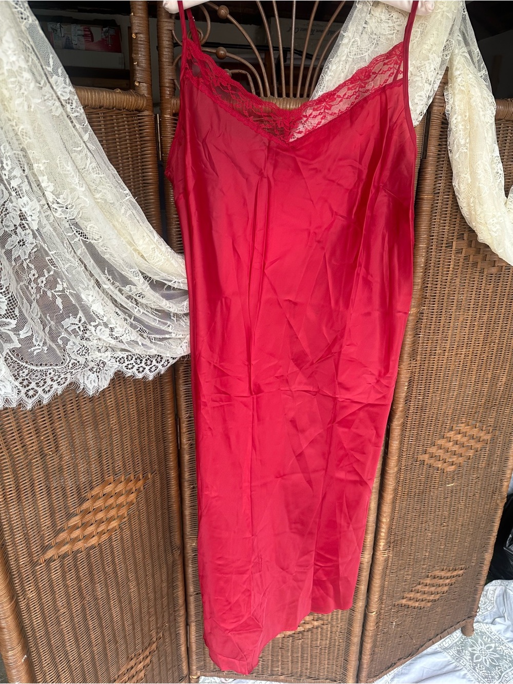 Silky Lace-Trim Red Slip Dress - Women's Intimates